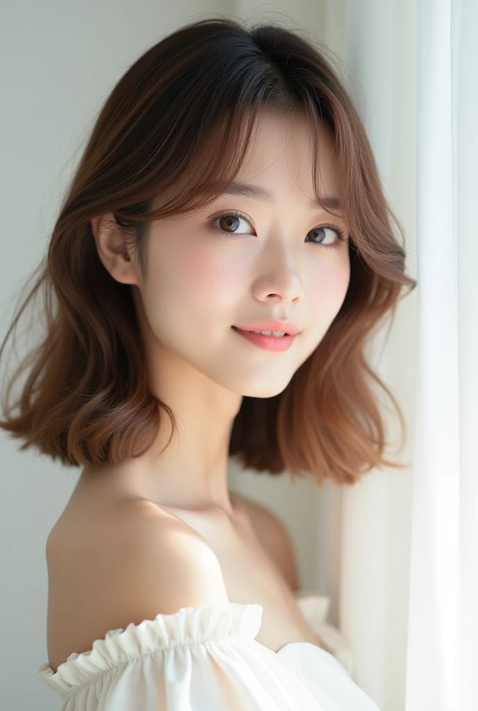 Medium-long hair with a blunt cut、high resolution、A transparent Japanese woman、Ima-ish、Elegant、White Cut and Sew、looking at the camera、body is angled、smile、Moist and shiny hair、Thready hair、cute、Light Brown Hair、Hair with loose curls at the ends、The tips of the hair are light、Beautiful young woman who looks like a model、