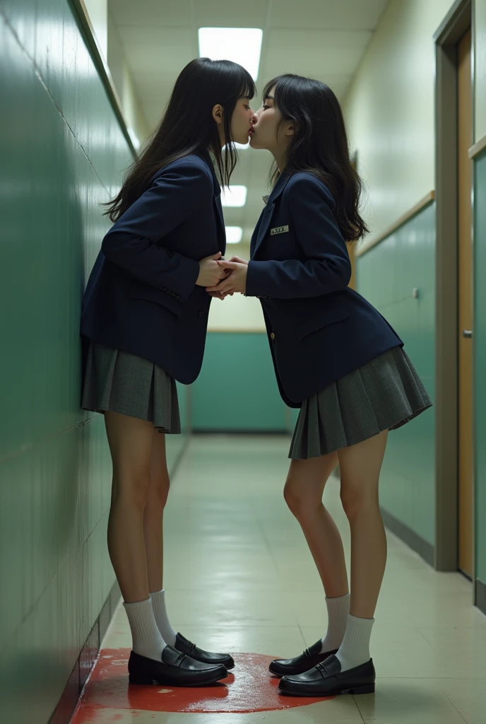 (realistic, photo-realistic:1.4), (best quality,masterpiece:1.2), RAW photo, high resolution, intricate details, extremely detailed, sharp focus, cinematic lighting, (full body, frontal photography:1.5), (couple, two girls, a tall girl and a short girl:1.6), Japanese women standing, (couple hugging tightly each other and kissing roughly:1.5), (grabbing arms), leaning against the wall outside classroom, smaller face, thin, slim, slender, thin legs, (blazer, skirt, bare legs, socks, loafers, wearing a tokiwadai school uniform:1.4), dark hair, (detailed face, beautiful detailed eyes, sophisticated nose), pale skin,
(peeing self, urinate a lot while kissing, urination:1.8), (big pee puddle, pee stain, pee running down legs),
photo background, indoors, hallway,