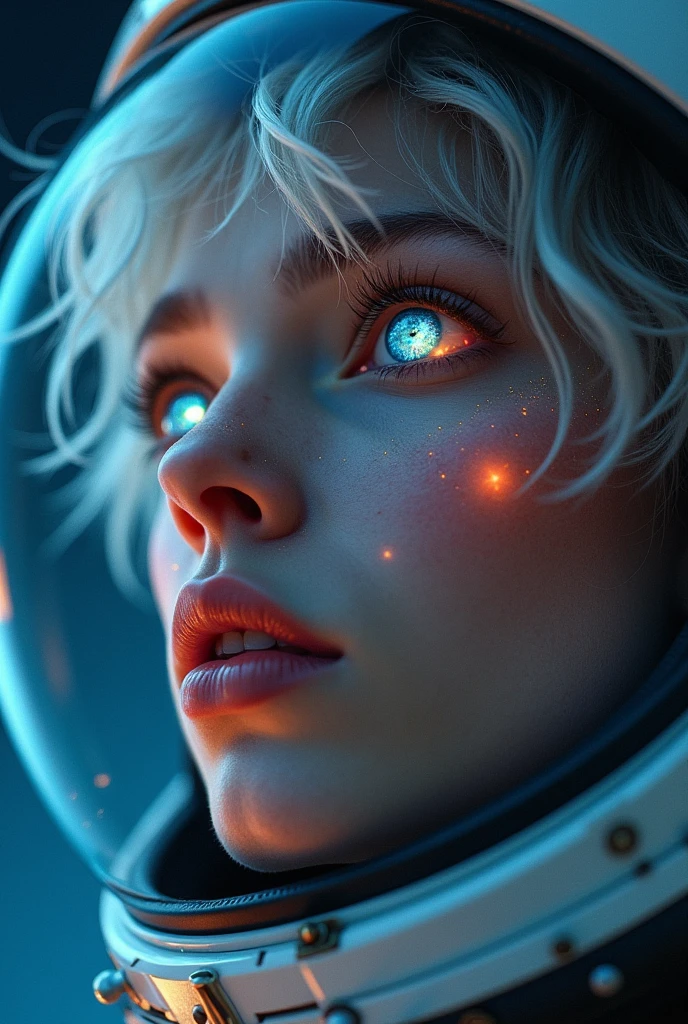 (Close-up of a better masterpiece:1.5)0.9], (Space and astronauts:1.2) (Messy silver hair:1.1) (Heterochromia xanthochromia and blue eyes:1.2) (Space Helmet:1.0) (Colored stars in the eyes:1.0) (A radiant glow:1.1) (thick lips:0.9)