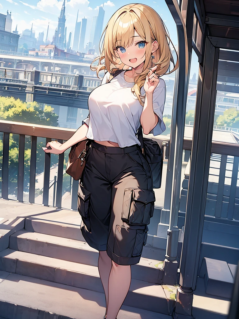 (Masterpiece, Top quality:1.5), full body, (1 beautiful girl, solo:1.2), (short height:1.2), (Cargo Wide Leg Pants:1.3), Blonde hair:1.1, medium Hair, wavy Hair, asymmetry bangs, swept bangs, airy hair, large breasts:1.2, smile:1.3, blush, beautiful scene of station platform, magnificent panorama view, blurry background, open mouth, dynamic pose, dynamic angle