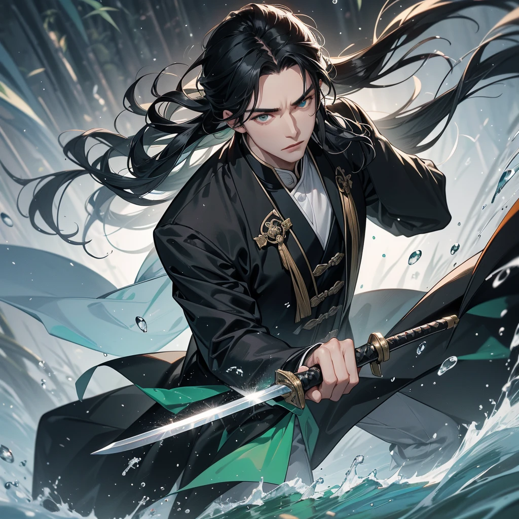 A Handsome black-hair male holding a large sword in black-white ancient general chinese, close up.
The back is a lush green bamboo forest. The air after rain has water droplets splashing around.