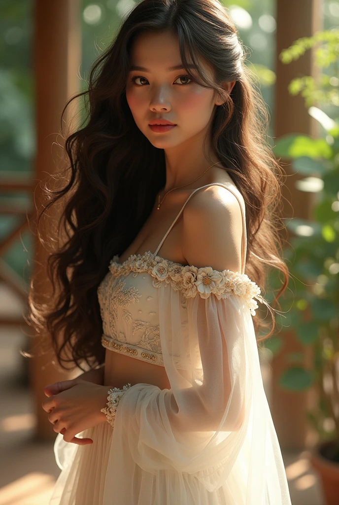 Beautiful girl with wavy long hair, wears filipino clothing, white skirt, black see through top with black sleeveless top inside