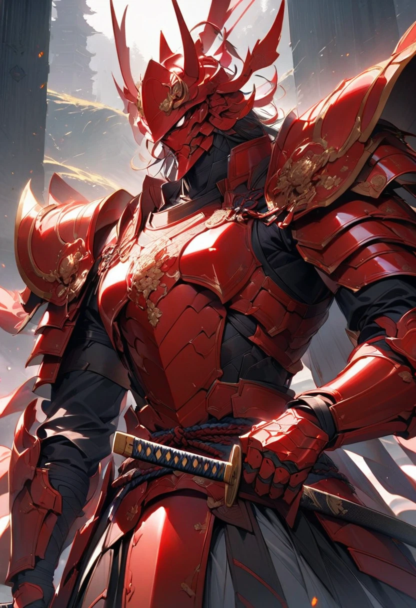 "A close-up of a samurai's red armor, intricately designed and glinting in the sunlight, set against the backdrop of a misty battlefield, the armor representing strength and unyielding spirit, with the samurai's hand resting on the hilt of his katana, ready for battle."