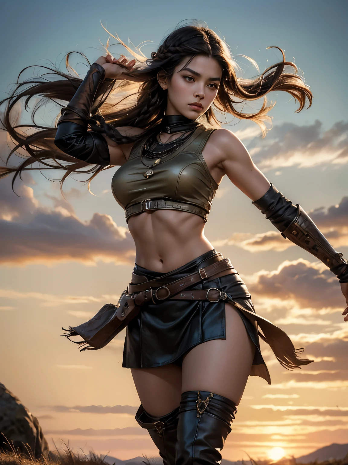 Style: "Prehistoric fantasy setting with a focus on authentic primitive clothing and accessories, reflecting the materials and craftsmanship of early human cultures."
Maya is a beautiful prehistoric woman of the Mongoloid race.
Face: Rounded, with soft features. Almond-shaped brown eyes, short and straight nose. Lips of medium thickness, natural pink color. The hair is black, straight, long, braided into one thick braid. The skin is light olive.
Body: Medium height, slender and flexible, slightly muscular figure. The breasts are small, the stomach is tight, the hips are round, the legs are strong and flexible.
Tattoo: A primitive pattern of wavy lines running from the right collarbone to the middle of the chest. Three black dots near the outer corner of the left eye.
(Steppe warrior)
Clothing:
A short leather top that leaves the stomach exposed. A skirt made of leather, with an asymmetrical cut that covers one leg more than the other.
High knee-high leather boots with fur trim.
Outside:
Maya stands on a hill, holding a spear raised above her head. She leaned forward a little, as if preparing to throw a spear.
Facial expression: Brave, determined, eyes focused, lips slightly pursed, as if before an important throw.
Background:
Wide steppe area with tall grass swaying under the influence of the wind. Low mountains illuminated by the setting sun can be seen on the horizon.