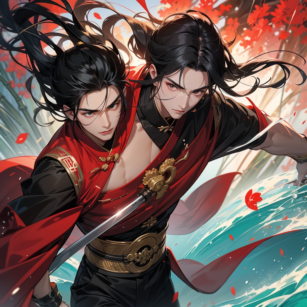 A Handsome black-hair male holding a large sword in red-white ancient general chinese, close up.
The back is a lush green bamboo forest. The air after rain has water droplets splashing around.