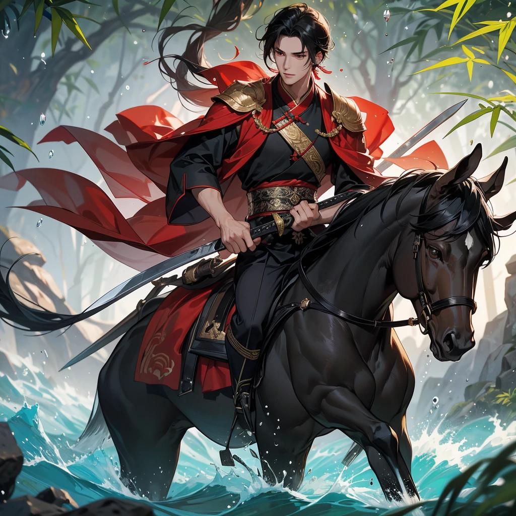 A Handsome black-hair male holding a large sword in red-white ancient general chinese, close up.

The back is a lush green bamboo forest. The air after rain has water droplets splashing around.