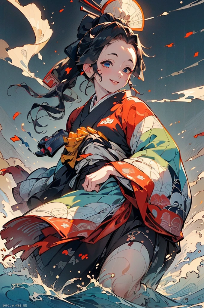 ((((High resolution, Intricate details, masterpiece, 8k, from front)))), (((beautiful, kimono, Ukiyo-e))), ((One Woman, smile, Red cheeks, slender)), (Black Hair, Beautiful forehead, Long Hair, ponytail, Big ribbon, Glowing Skin), from front, looking at viewer, look at viewer,