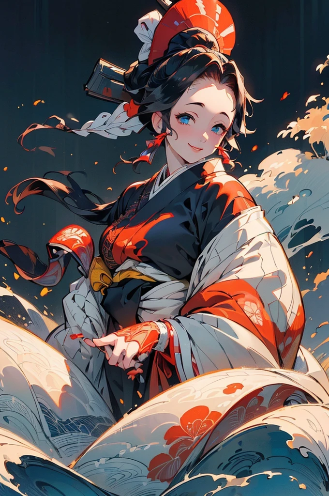 ((((High resolution, Intricate details, masterpiece, 8k, from front)))), (((beautiful, kimono, Ukiyo-e))), ((One Woman, smile, Red cheeks, slender)), (Black Hair, Beautiful forehead, Long Hair, ponytail, Big ribbon, Glowing Skin), from front, looking at viewer, look at viewer,