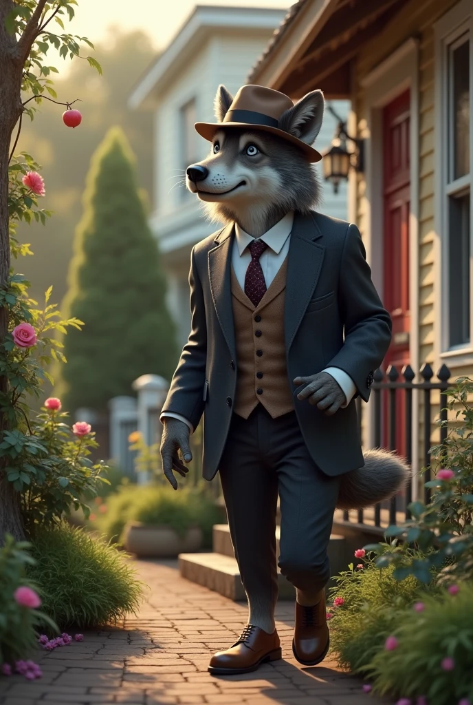 Wolf dressed as Tim Ads company knocking on grandma's house