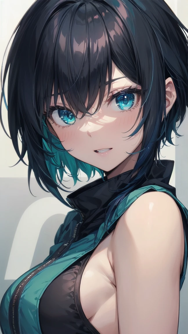 Close-up of a manga girl with blue hair and a yellow shirt, 2D Animation, 2D Animation style, 2D Art, 2D Art, 2D from Gorillaz, 2D from Gorillaz, 2D Gorillaz, Screaming Cerket, 2D Sprite, Jinx Face, short hair, Small breasts, hot pants, ((Black Hair, Inner bright blue hair:1.4))