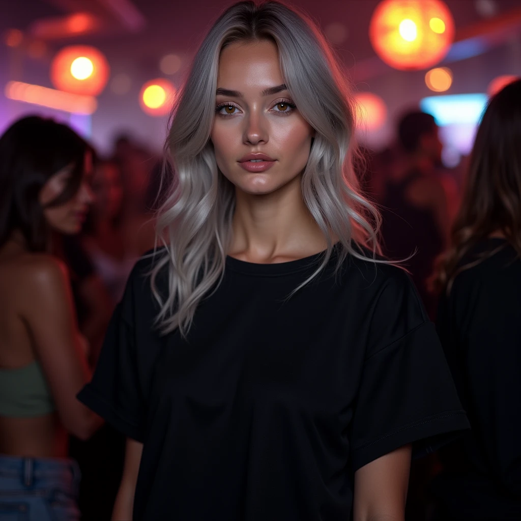 Beautiful girl in full growth, with white skin, light gray hair, Professional full-length photo, realistic, against the backdrop of a crowd at a party, dark atmosphere, Light music, Light show, dressed in a voluminous black wide T-shirt, standing straight, looks straight