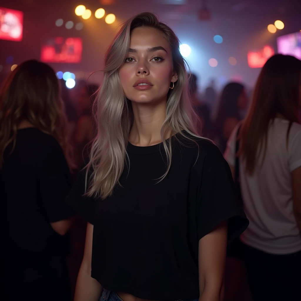Beautiful girl in full growth, with white skin, light gray hair, Professional full-length photo, realistic, against the backdrop of a crowd at a party, dark atmosphere, Light music, Light show, dressed in a voluminous black wide T-shirt, standing straight, looks straight
