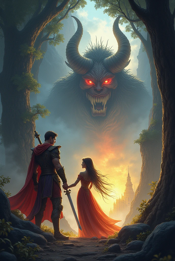 "A captivating fantasy illustration depicting a brave prince wielding a shining sword, facing off against a old demonic with glowing red eyes and sharp claws. Beside him, a beautiful princess in elegant attire stands with a determined expression, symbolizing courage and resilience. The background features a mystical forest with towering trees, a dark cave entrance, and a golden, radiant kingdom on the horizon. The overall composition conveys a dramatic, adventurous tale of bravery, love, and the battle between good and evil."

This prompt should provide a compelling visual for a YouTube video thumbnail, capturing the essence of the story with elements of fantasy, heroism, and mystery.