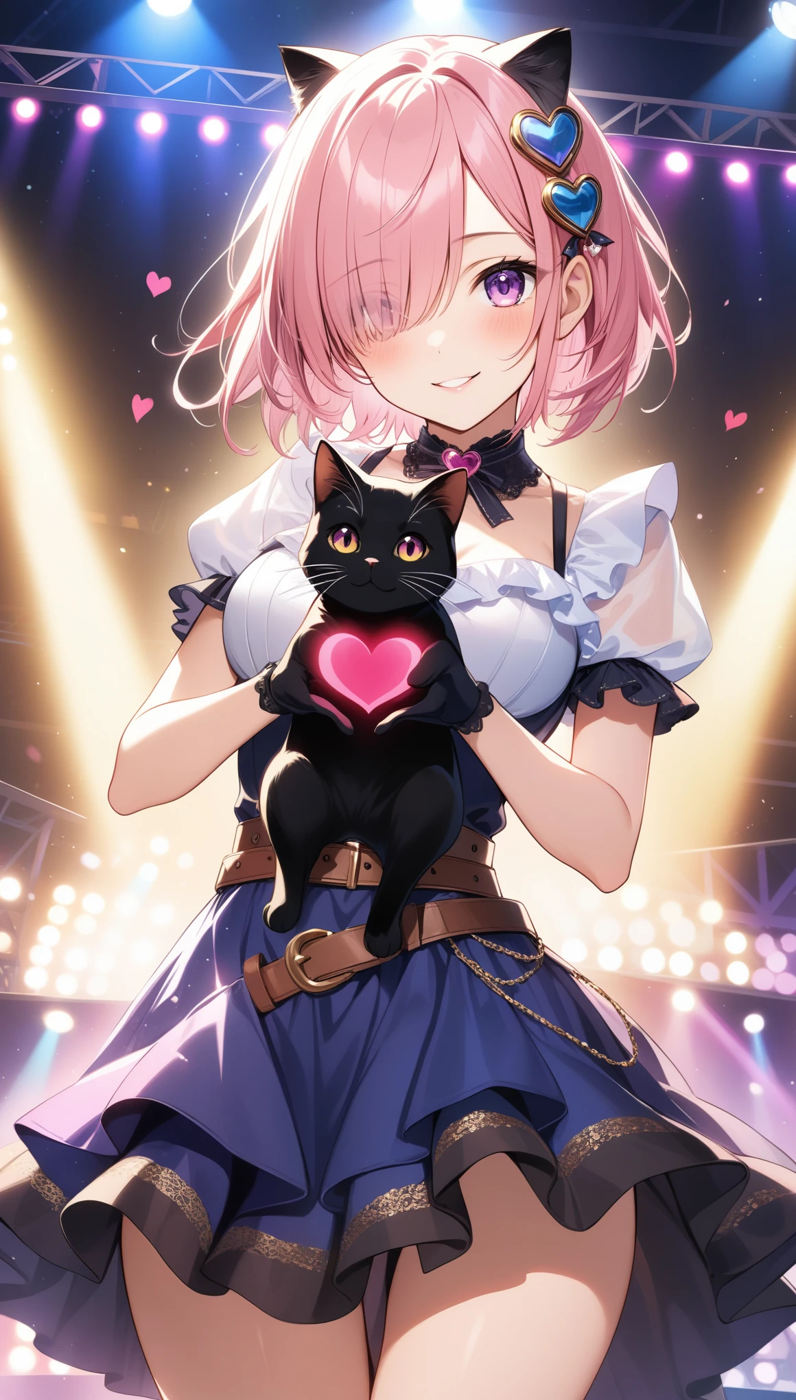 nsfw, 1girl, solo, breasts, looking at viewer, blush, smile, short hair, bangs, hair ornament, gloves, dress, purple eyes, pink hair, short sleeves, heart, cowboy shot, alternate costume, belt, hair over one eye, official alternate costume, cat, eyes visible through hair, heart hands, idol, black cat, stage, stage lights, showing underwear, ((32k)), ((best quality)), ((ultra high res)), ((HDR)), ((UHD)), ((extremely detailed CG)), ((unity 32k wallpaper)),
