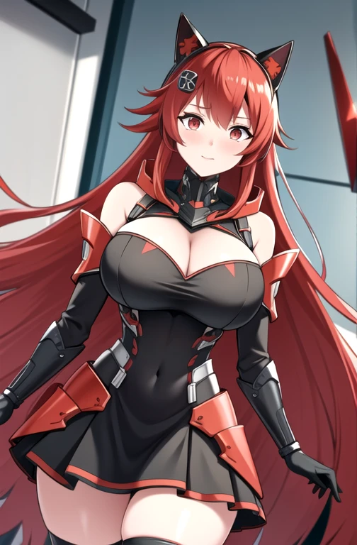 masterpiece, best quality, illustration, ultradetailed, 1woman, red hair, red eyes, long hair, very large breasts, very fat large thick thighs, black thighhighs with red accents, black outfit with red details, very large cleavage, exposed belly, exposed arms, futuristic cyberpunk armor, futuristic cat ear black and red headphones, 1 black and red hair ornament, black skirt with red accents, embarrassed, bedroom, bed, strong contrast, dominant black color with red accents