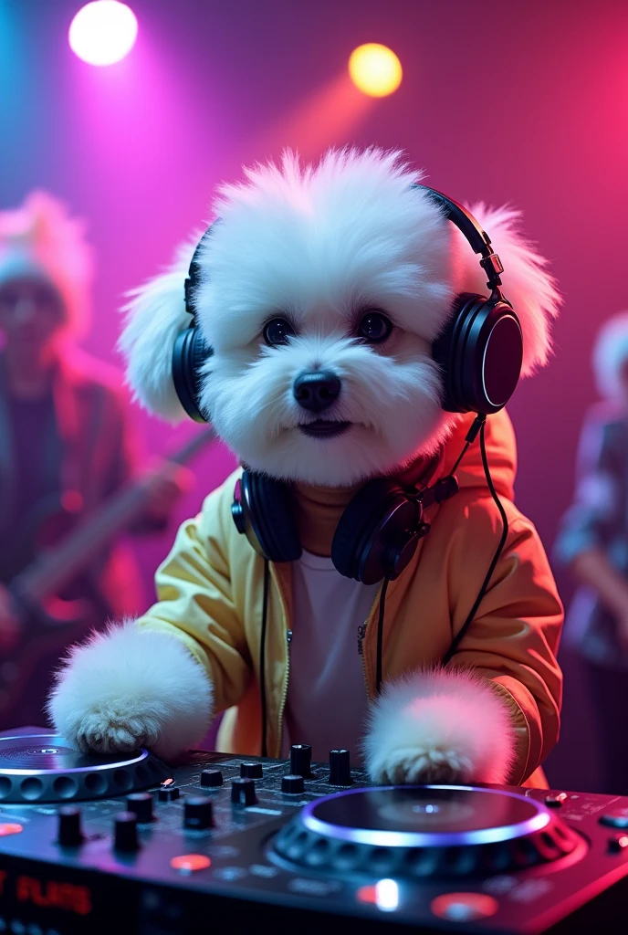 DJ White Bichon Frise Dog、Genuine、photograph、4 hp、High resolution、movie、illumination、colorful