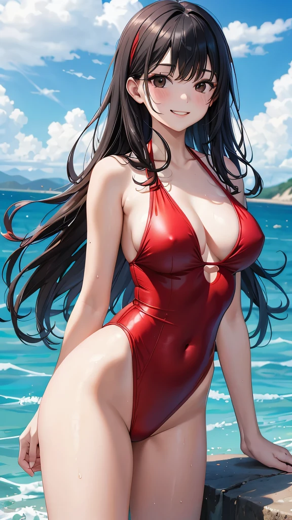 masterpiece, 1girl, Red swimsuit, sea, black hair, black eyes, big smile, reaching