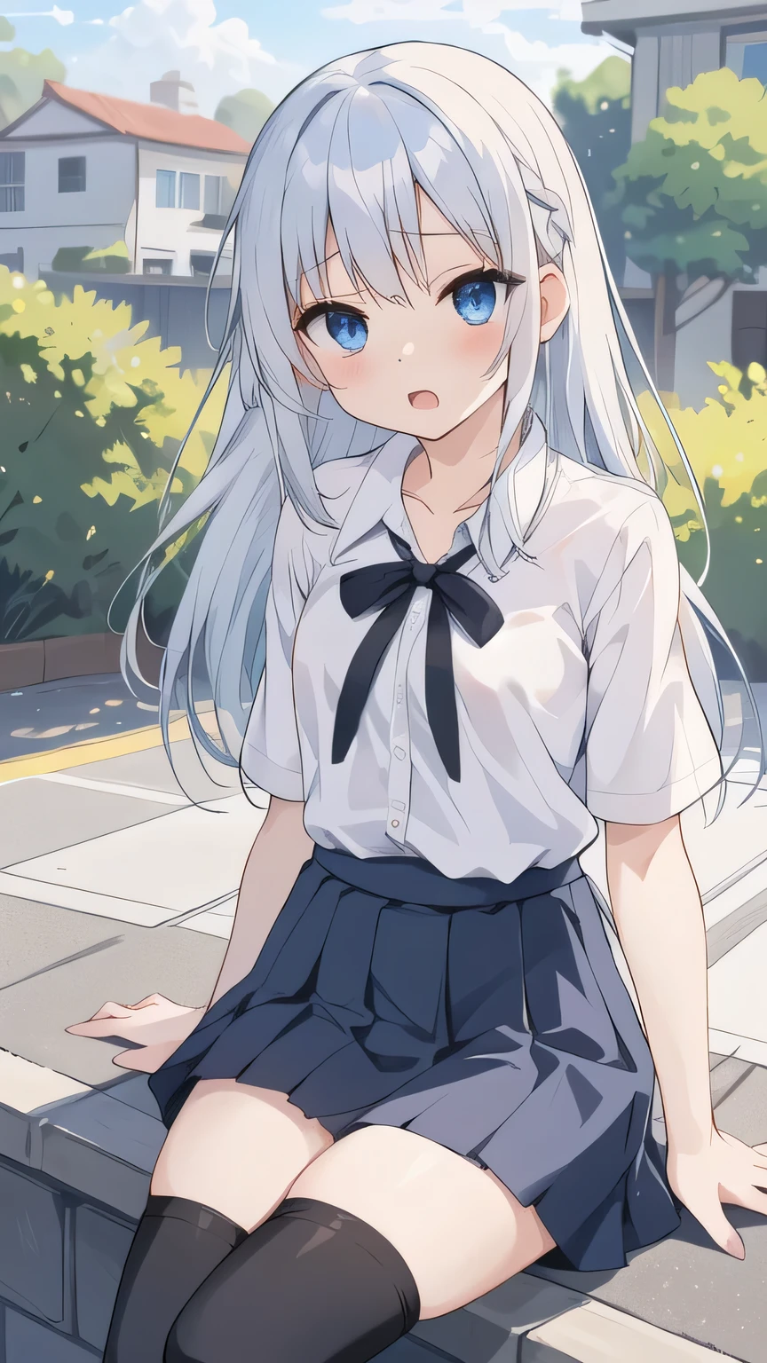 cute girl, anime, silver hair, straight hair, Blue eyes, outdoor, cowboy shot, (orgasm:1.1), (young:1.4), dark blue skirt, white camisole, small bust, school uniform, (sheer bra:0.8), (cute:1.1), blue hair ribbon, (black thigh-high socks:1.3), strongest wind, (ローアングル:1.2), sitting