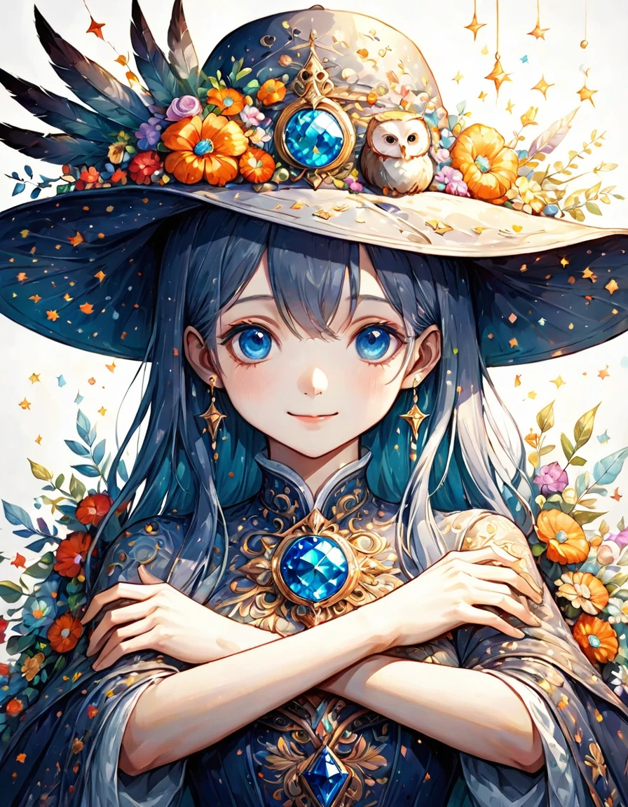 Highest quality、High resolution、(Beautiful face in every detail:1.4)、(Draw a picture to fit on the canvas:1.5)、Carefully draw your hands、Delicate hands、Elaborate hands、Anatomically correct、(Normal number of fingers:1.2)、(Highly detailed face)、Detailed eyes、大people、20Age、Perfect body line、Stand in the center、so beautiful、 (((Blank Background:1.5, No background:1.5, Background white:1.5)))、1people、(Upper Body:2.0)、woman、(smile:1.5)、Halloween、witch、The hat is very small、(deep blue:2.0)、(Medium-long straight hair:2.0)、(witchの帽子:1.5)、(owl1羽:2.0)、(1羽のとても大きいowl:1.5)、(owl1Being with the feathers:1.5)、(owlはwomanの体の手か前腕にとまってる:1.5)、(The hat only has flowers on it:2.0)、There are lots of flowers on the hat、Unexposed clothing、(リアルなowl:1.5)、まるで写真のようなowl、Change the design of the clothes、(Victorian dress:1.5)、Robe、Do a different pose、Blue clothes、(There is a big jewel on the hat:2.0)、Remove extra fingers、胸元にowlが止まっている、owl消さないで、(Arms crossed:1.5)、Change the design of the jewel on the hat、