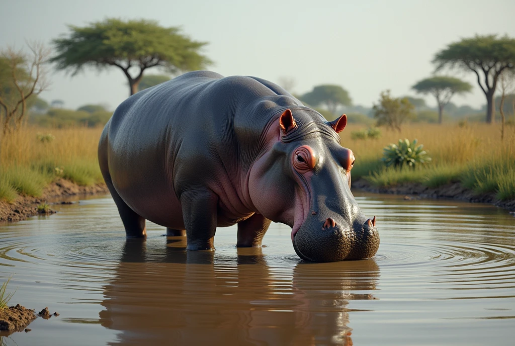 Create a captivating, hyper-realistic, AI-generated artwork of a hippopotamus drinking water in an African savanna. The hippo should be depicted in a natural and tranquil moment, partially submerged in a waterhole or a river, with its head lowered to drink. Capture the massive, rounded form of the hippo, including its large mouth and distinctive teeth. The scene should reflect the African landscape, with a backdrop of lush vegetation, tall grasses, and perhaps a few distant acacia trees. Incorporate details such as the hippo's reflection in the water, the ripples created by its presence, and the texture of the muddy water. Use earthy, natural tones to depict the savanna and the hippo’s grayish skin, highlighting the contrast between the hippo and the surrounding environment. The lighting should be soft and natural, conveying the warmth of the African sun and the peacefulness of the scene. The style should be realistic yet artistic, with a focus on the details of the hippo and its habitat. The final artwork should be hyper-realistic, high-resolution, and visually striking, capturing the majestic and serene nature of the hippo in its natural setting.