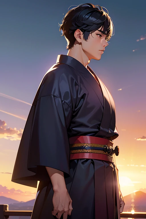 ((masterpiece, Highest quality, Best image quality, High resolution, Realistic, RAW Photos, 8k, Highly detailed CG synthesis 8k wallpaper)), Samurai Youth, Black short hair, Manly, strong face, Similar to Yamada Takayuki,Male Body,Wearing a purple kimono and black hakama, Has a long sword, View from the side.