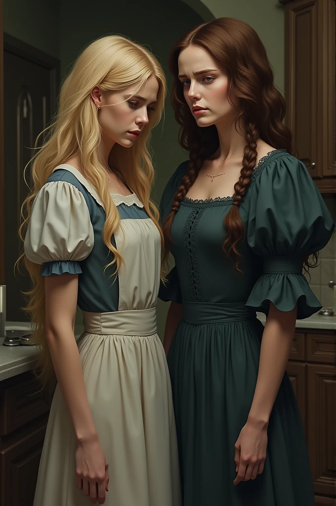 Ciderella with blond hair and an apron with a sad expression and her stepmother with an angry face and brown hair