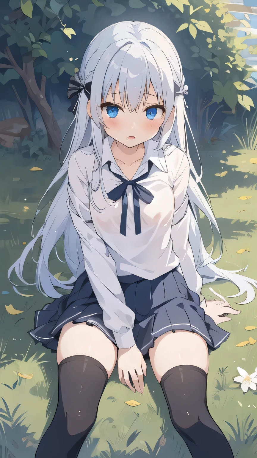 cute girl, anime, silver hair, straight hair, Blue eyes, outdoor, cowboy shot, (orgasm:1.1), (young:1.4), dark blue skirt, white camisole, small bust, school uniform, (sheer bra:0.8), (cute:1.1), blue hair ribbon, (black thigh-high socks:1.3), strongest wind, (ローアングル:1.2), sitting