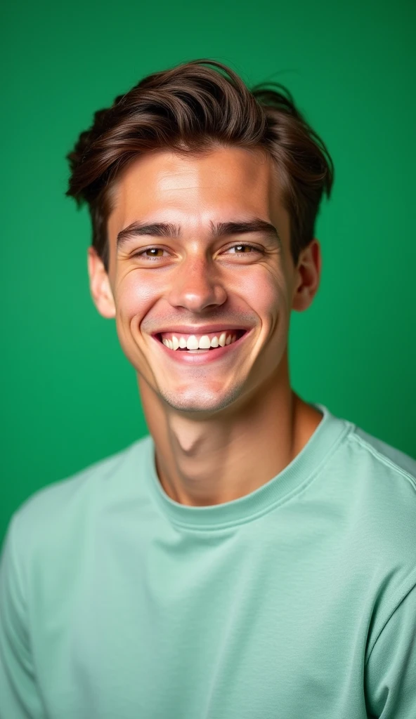 A portrait of a person, green screen background, young man with brown hair smiling