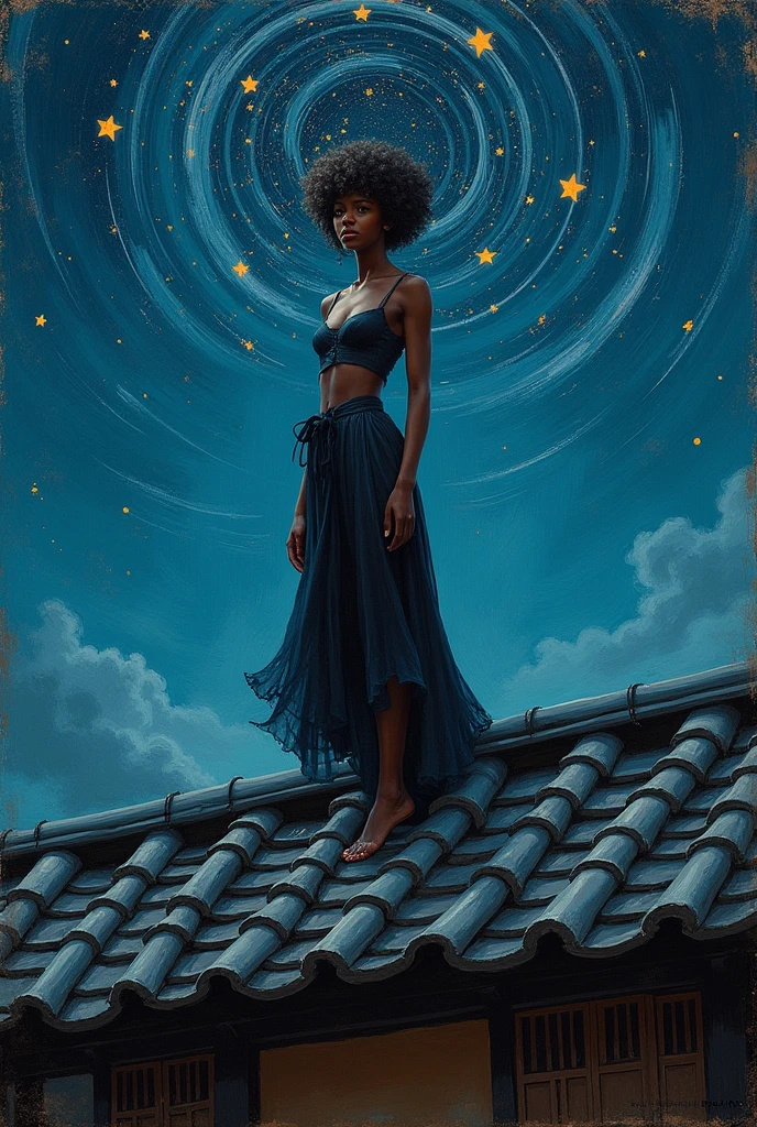 "Oil painting with impasto thick brush strokes. A beautiful black woman over a roof of a japanese house at night with stars flying around its head, a full body shot, in the style of impressionism with thick paint texture and a low angle view against a dark background creating a dreamy, fantasy-like and surreal mood. A vintage oil painting"