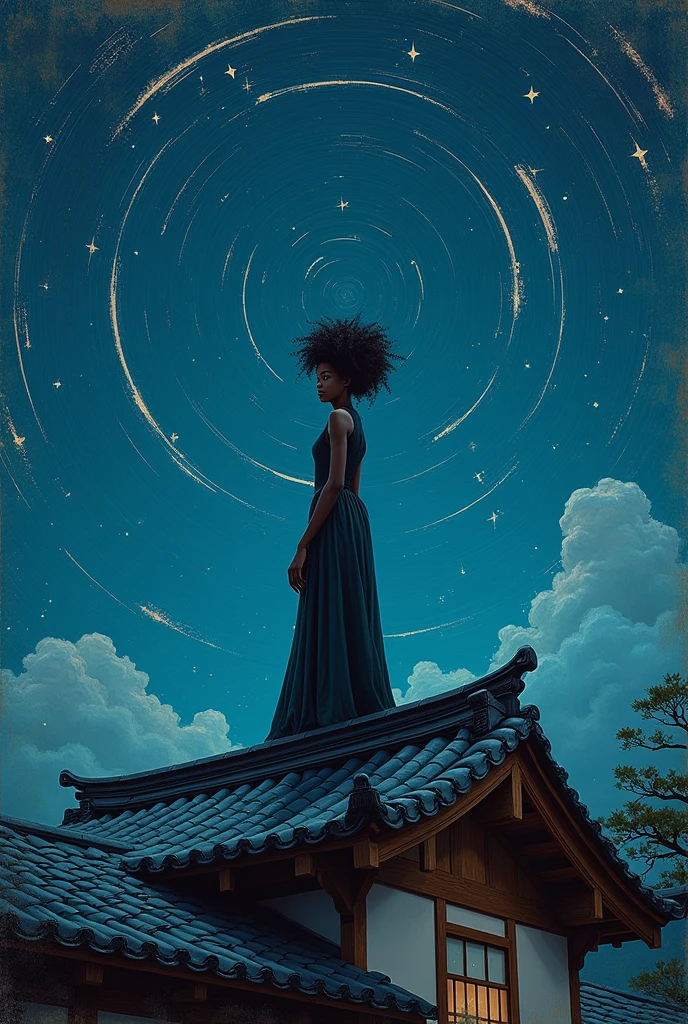  
"Oil painting with impasto thick brush strokes. A beautiful black woman over a roof of a japanese house at night with stars flying around its head, a full body shot, in the style of impressionism with thick paint texture and a low angle view against a dark background creating a dreamy, fantasy-like and surreal mood. A vintage oil painting"