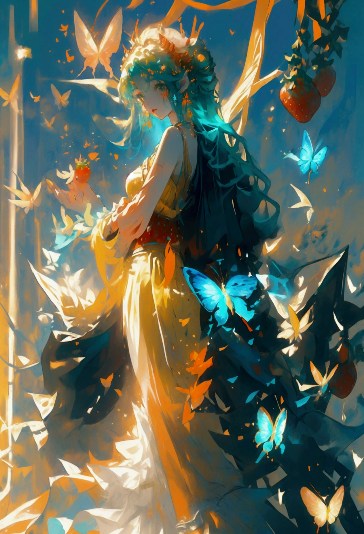 (Masterpiece,Highest quality),(Maximum details),1 girl, long hair, green hair,Strawberries on the head,Red horns,Wear a tube top(Yellow,orange,light blue),Blue waist chain(Butterfly image),Wear a green mini skirt(Gradient)ใส่รองเท้าส้นสูงสีlight blue,มีปีกผีเสื้อสีlight blue,ดวงตาสีlight blue,Cute face,Holding a strawberry,Look at the strawberries,Strawberry garden background,full body image