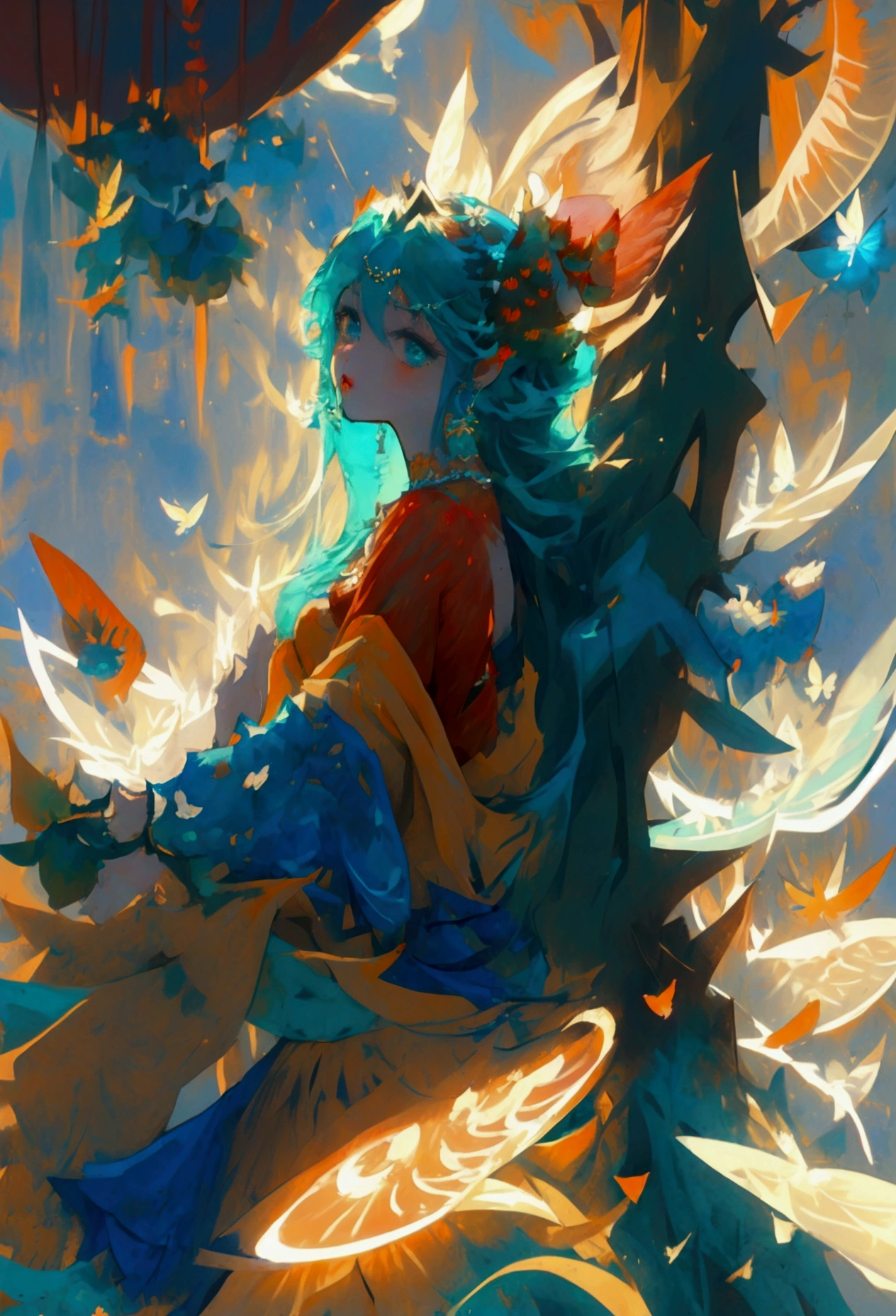 (Masterpiece,Highest quality),(Maximum details),1 girl, long hair, green hair,Strawberries on the head,Red horns,Wear a tube top(Yellow,orange,light blue),Blue waist chain(Butterfly image),Wear a green mini skirt(Gradient)ใส่รองเท้าส้นสูงสีlight blue,มีปีกผีเสื้อสีlight blue,ดวงตาสีlight blue,Cute face,Holding a strawberry,Look at the strawberries,Strawberry garden background,full body image