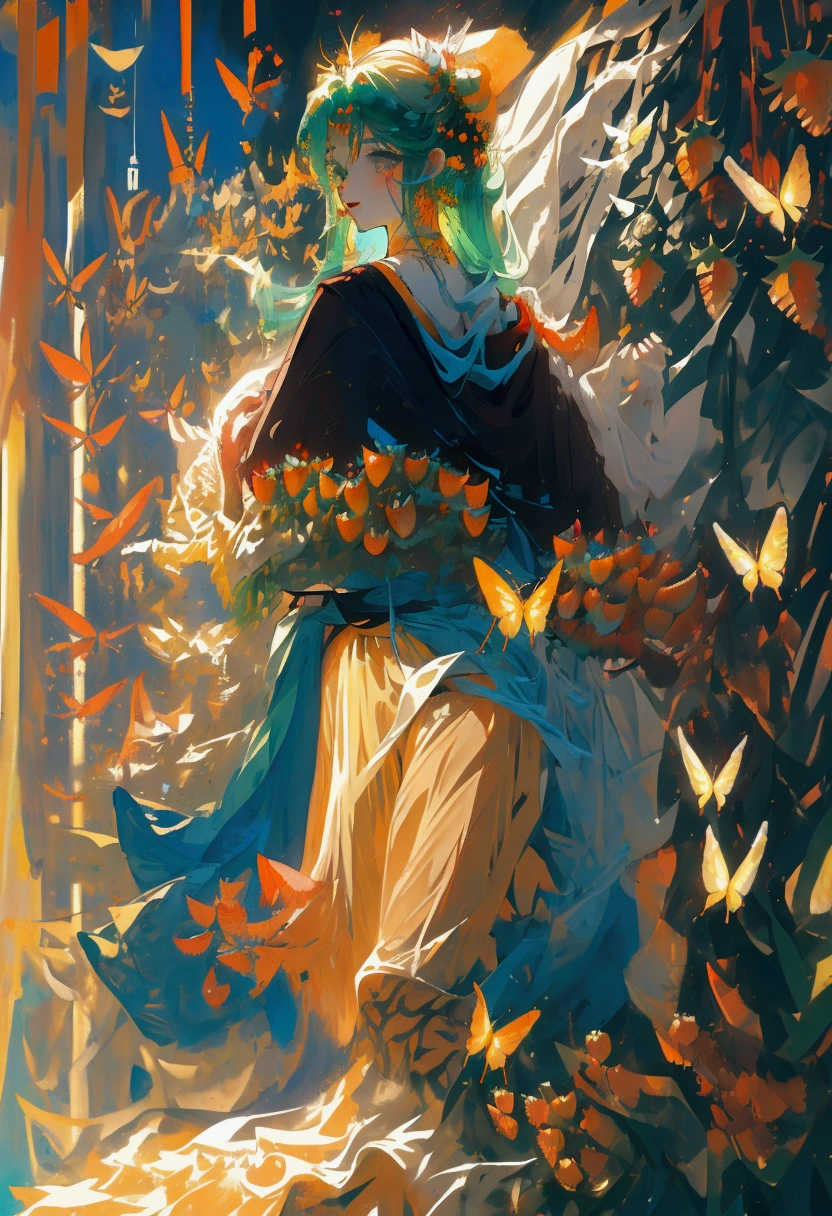 (Masterpiece,Highest quality),(Maximum details),1 girl, long hair, green hair,Strawberries on the head,Red horns,Wear a tube top(Yellow,orange,light blue),Blue waist chain(Butterfly image),Wear a green mini skirt(Gradient)ใส่รองเท้าส้นสูงสีlight blue,มีปีกผีเสื้อสีlight blue,ดวงตาสีlight blue,Cute face,Holding a strawberry,Look at the strawberries,Strawberry garden background,full body image