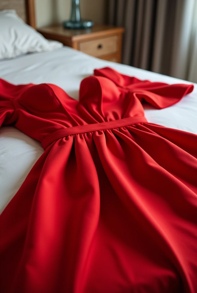 Make a picture for me, This image is a photo that appears to be taken by a normal camera and out of focus., be a simple image, that no part of the image is blurred and it is a photo taken from a bed and on top of that bed there is a red Fendi dress, very beautiful and beautiful with tag never been used. Remember to keep the image in focus without blurring any part of the image, it has to be 100% sharp as if it had been taken without any effect on the camera.
