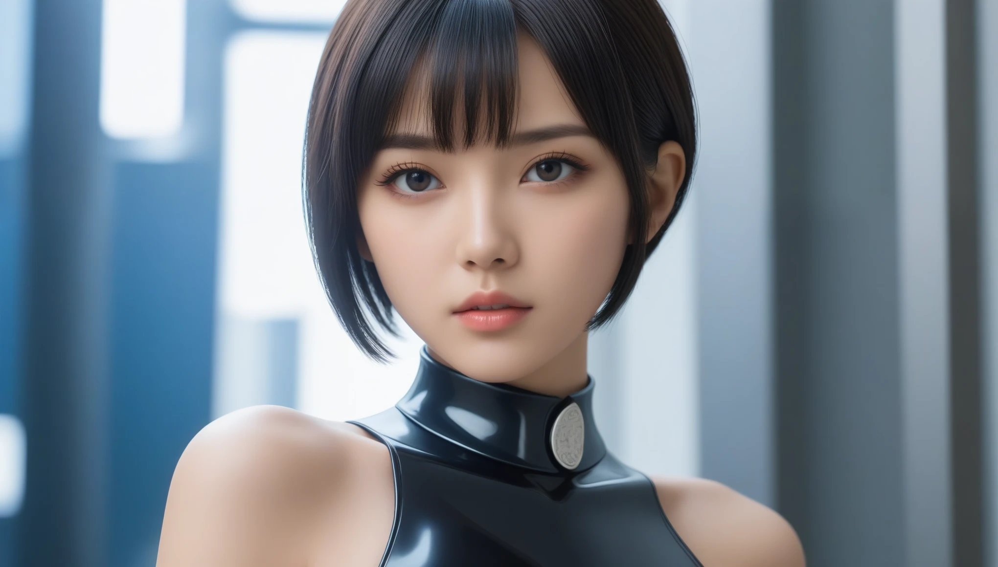 8k, Ultra-high resolution, Highest quality, masterpiece, 三分割法によるphotograph,Surreal, photograph, 1 , (:1.3), cute, cute顔, 細部までBeautiful Eyes, 細かくdetailedに,masterpiece,One Girl:1.2,Japanese women,Policewoman,close up,glaring,Black short hair,Bowl cut,ID photo,(Police officer of the future:1.3),cyber punk,Future City,white collar,((Fusion of humans and androids))(Beautiful attention to detail),Subtle details, detailedな顔,anger,Attractive eyes,(ポートレートphotograph:1.4),(Photorealistic images:1.4),Fantasy art,(Beautiful Face:1.4),美しくAttractive eyes、Beautiful Eyes,Silver residue,(Tight waist:1.4)、(Beautiful with perfect body proportions:1.4),Pink Lips,profile,(((Ideal body type))),A-cup small breasts :2,、Portraiture:2、Perfect Anatomy、鮮明なdetailed、detailed,Fashion magazine cover,Thin lips,完璧でBeautiful Face ,完璧でcute顔, Skin with attention to detail, Perfect limbs、Narrow waist,Surreal,Light and shadow,spotlight