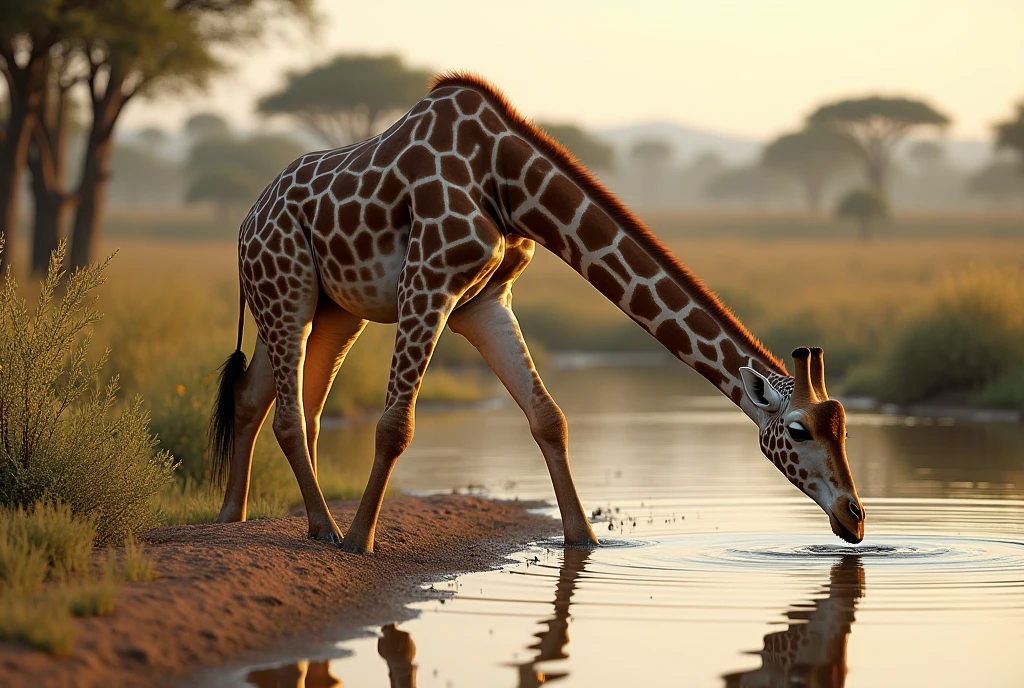 Create a captivating, hyper-realistic, AI-generated artwork of a giraffe drinking water in an African savanna. The giraffe should be depicted in a natural and tranquil moment, partially submerged in a waterhole or a river, with its head lowered to drink. Capture the long, elegant form of the giraffe, including its distinctive spots and tall neck. The scene should reflect the African landscape, with a backdrop of lush vegetation, tall grasses, and perhaps a few distant acacia trees. Incorporate details such as the giraffe's reflection in the water, the ripples created by its presence, and the texture of the muddy water. Use earthy, natural tones to depict the savanna and the giraffe’s patterned coat, highlighting the contrast between the giraffe and the surrounding environment. The lighting should be soft and natural, conveying the warmth of the African sun and the peacefulness of the scene. The style should be realistic yet artistic, with a focus on the details of the giraffe and its habitat. The final artwork should be hyper-realistic, high-resolution, and visually striking, capturing the majestic and serene nature of the giraffe in its natural setting.

