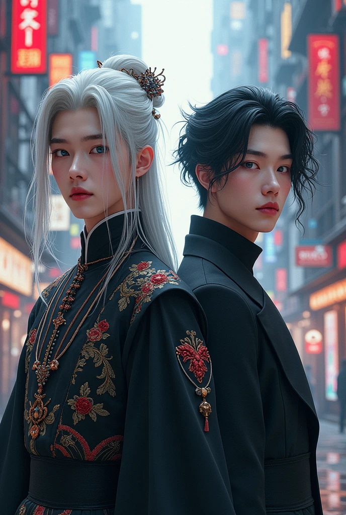 2 Young man's , (first ( black outfit, jewelry, chinese style, embroidery, long flowing white hair, detailed face, detailed beautiful blue eyes, ) 
( second( Black outfit short black hair, Mafia style)modern City(intricate:1.3), (arcane aura:1.2), (dreamlike: 1.3), (subtle mist:1.1), (vibrant colors: 1.2), (detailed hair:1.3), (ultra realistic details:1.5),