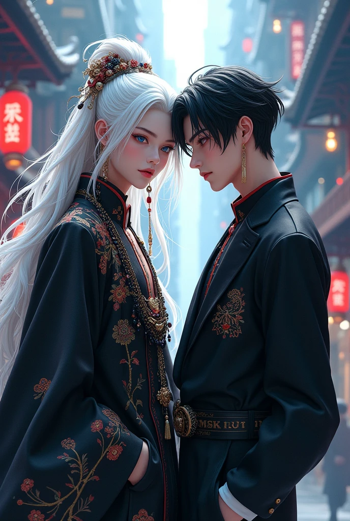 2 Young man's , (first ( black outfit, jewelry, chinese style, embroidery, long flowing white hair, detailed face, detailed beautiful blue eyes, )
( second( Black outfit short black hair, Mafia style)modern City(intricate:1.3), (arcane aura:1.2), (dreamlike: 1.3), (subtle mist:1.1), (vibrant colors: 1.2), (detailed hair:1.3), (ultra realistic details:1.5),
