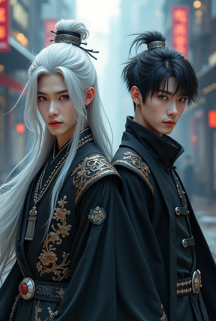 2 Young man's , (first ( black outfit, jewelry, chinese style, embroidery, long flowing white hair, detailed face, detailed beautiful blue eyes, )
( second( Black outfit short black hair, Mafia style)modern City(intricate:1.3), (arcane aura:1.2), (dreamlike: 1.3), (subtle mist:1.1), (vibrant colors: 1.2), (detailed hair:1.3), (ultra realistic details:1.5),