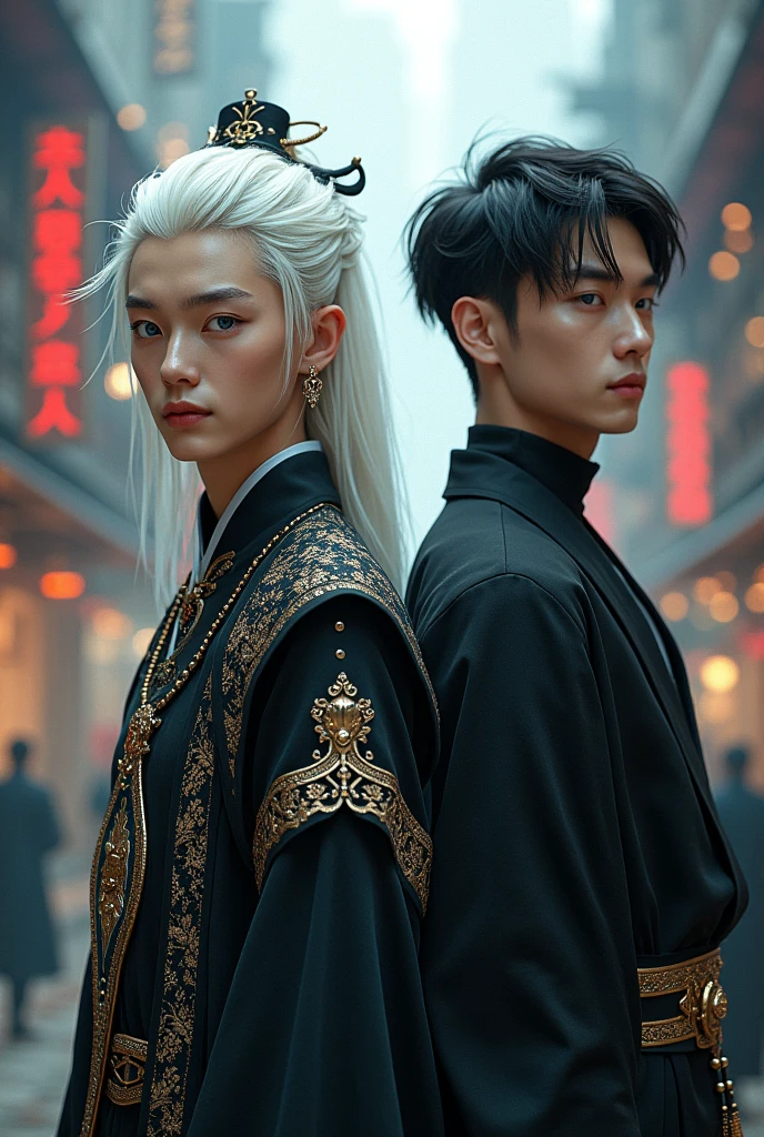 2 Young man's , (first ( black outfit, jewelry, chinese style, embroidery, long flowing white hair, detailed face, detailed beautiful blue eyes, ) 
( second( Black outfit short black hair, Mafia style)modern City(intricate:1.3), (arcane aura:1.2), (dreamlike: 1.3), (subtle mist:1.1), (vibrant colors: 1.2), (detailed hair:1.3), (ultra realistic details:1.5),