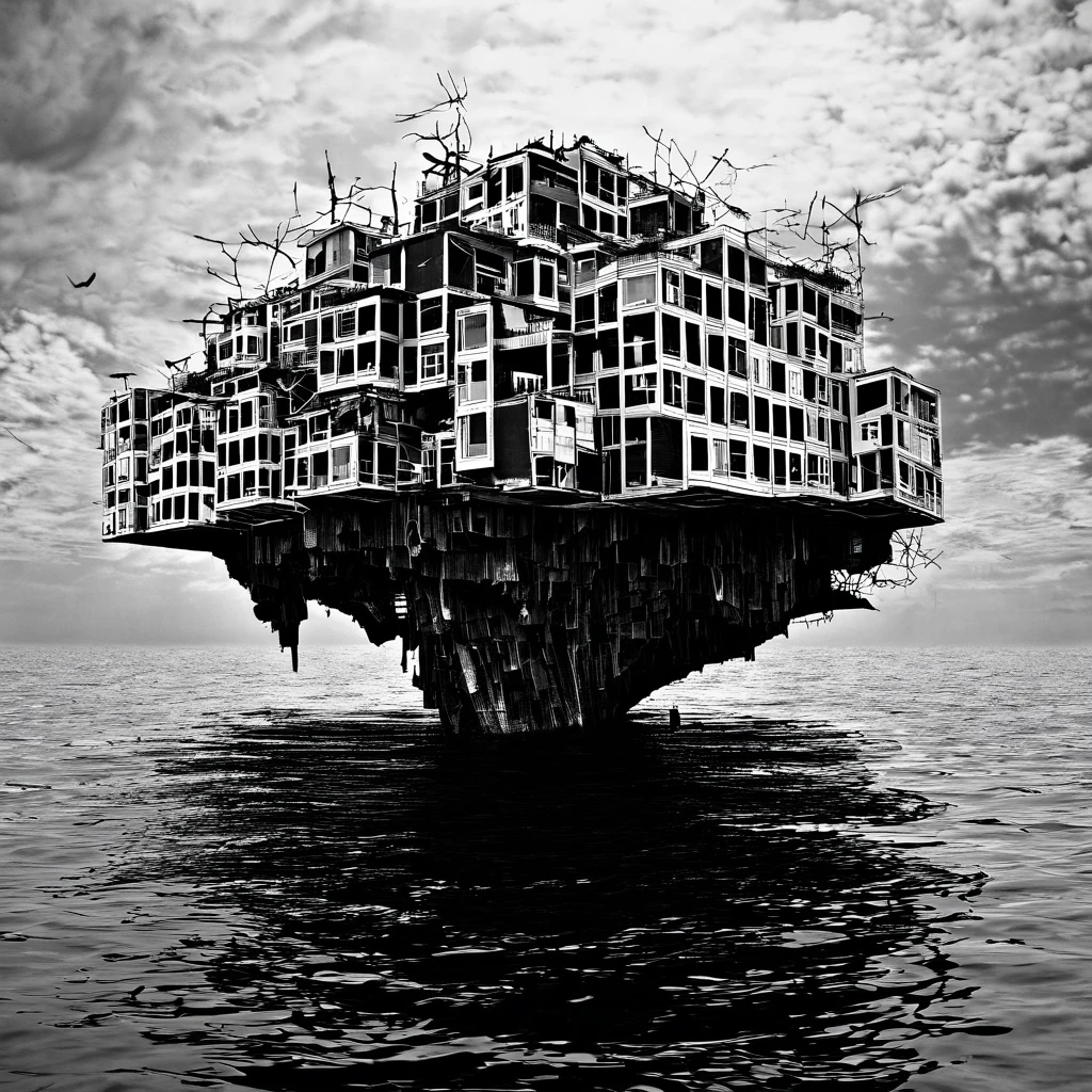 Faceless Person々, Cracked sky, Black and white sea, Floating buildings, Surreal