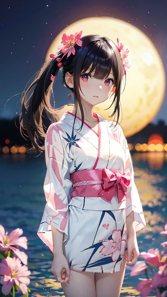 Black Hair、refreshing、Gravure idol-like background、Half Twin Tail、clear、Cute summer yukata、A pale white and pink yukata、Summer night sky、whole body、