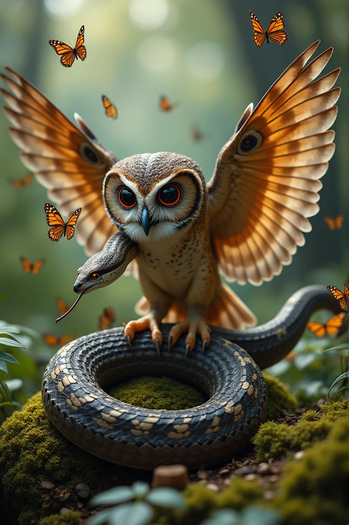 Owl fighting with snake and butterflies around