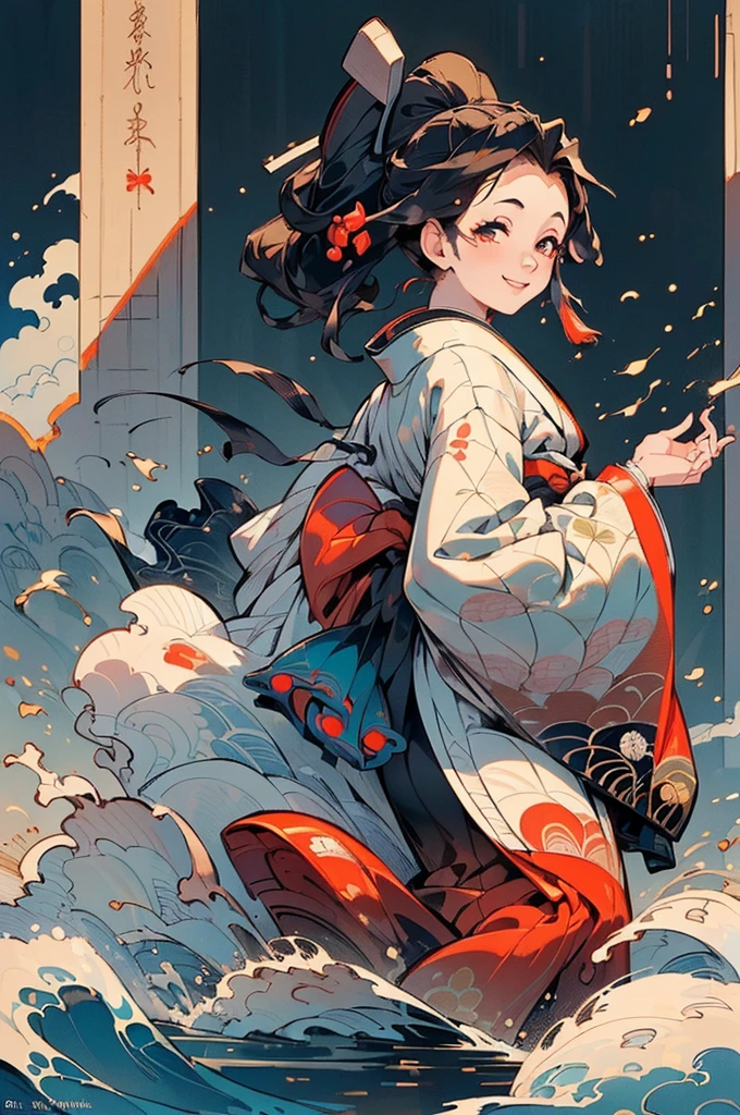 ((((High resolution, Intricate details, masterpiece, 8k, from front)))), (((beautiful, kimono, Ukiyo-e))), ((One Woman, smile, Red cheeks, slender)), (Black Hair, Beautiful forehead, Long Hair, ponytail, Big ribbon, Glowing Skin), from front, looking at viewer, look at viewer,