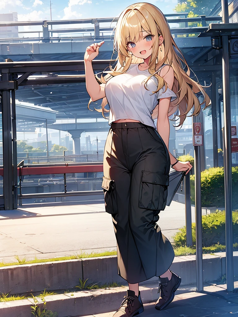 (Masterpiece, Top quality:1.5), full body, (1 beautiful girl, solo:1.2), (short height:1.2), (Cargo Wide Leg Pants:1.3), Blonde hair:1.1, medium Hair, wavy Hair, asymmetry bangs, swept bangs, airy hair, large breasts:1.2, smile:1.3, blush, beautiful scene of station platform, magnificent panorama view, blurry background, open mouth, dynamic pose, dynamic angle
