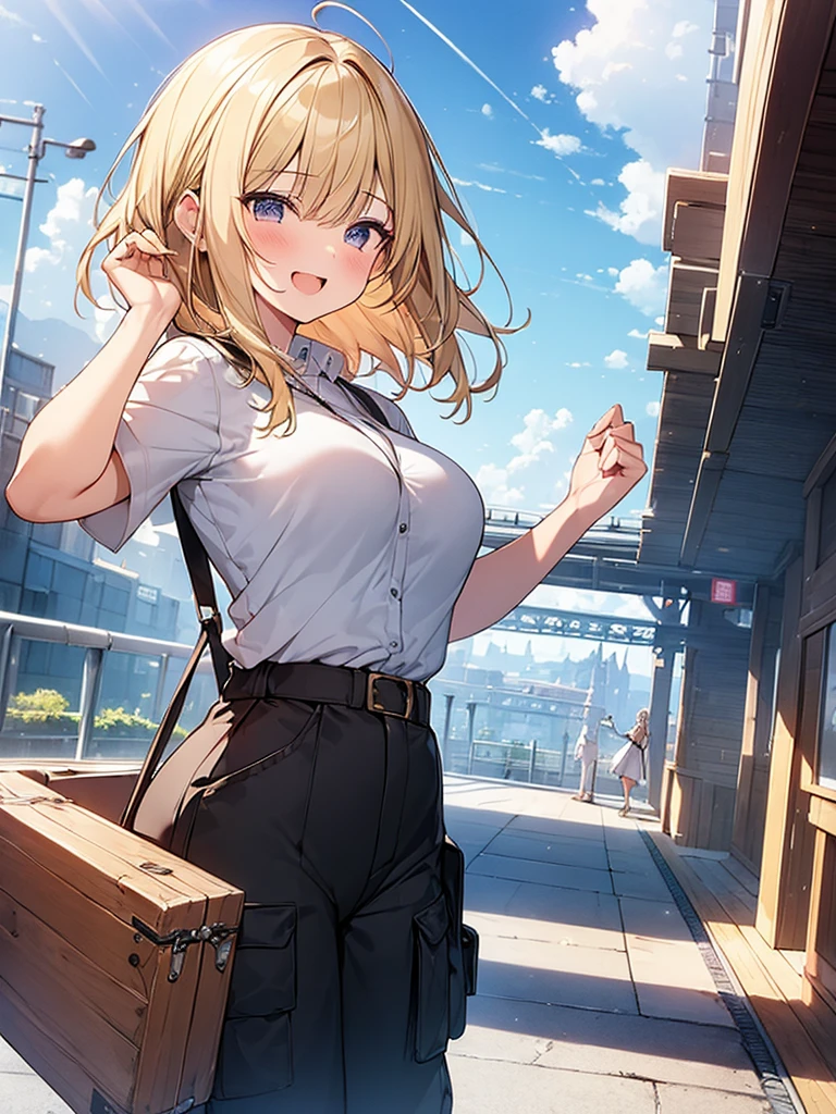 (Masterpiece, Top quality:1.5), full body, (1 beautiful girl, solo:1.2), (short height:1.2), (Cargo Wide Leg Pants:1.3), Blonde hair:1.1, medium Hair, wavy Hair, asymmetry bangs, swept bangs, airy hair, large breasts:1.2, smile:1.3, blush, beautiful scene of station platform, magnificent panorama view, blurry background, open mouth, dynamic pose, dynamic angle