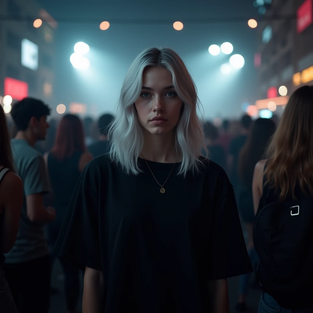 Beautiful girl in full growth, with white skin, light gray hair, Professional full length photography, realistic, against the backdrop of a crowd on , dark atmosphere, Light music, Light show, dressed in a voluminous black wide T-shirt, standing straight, Looks straight
