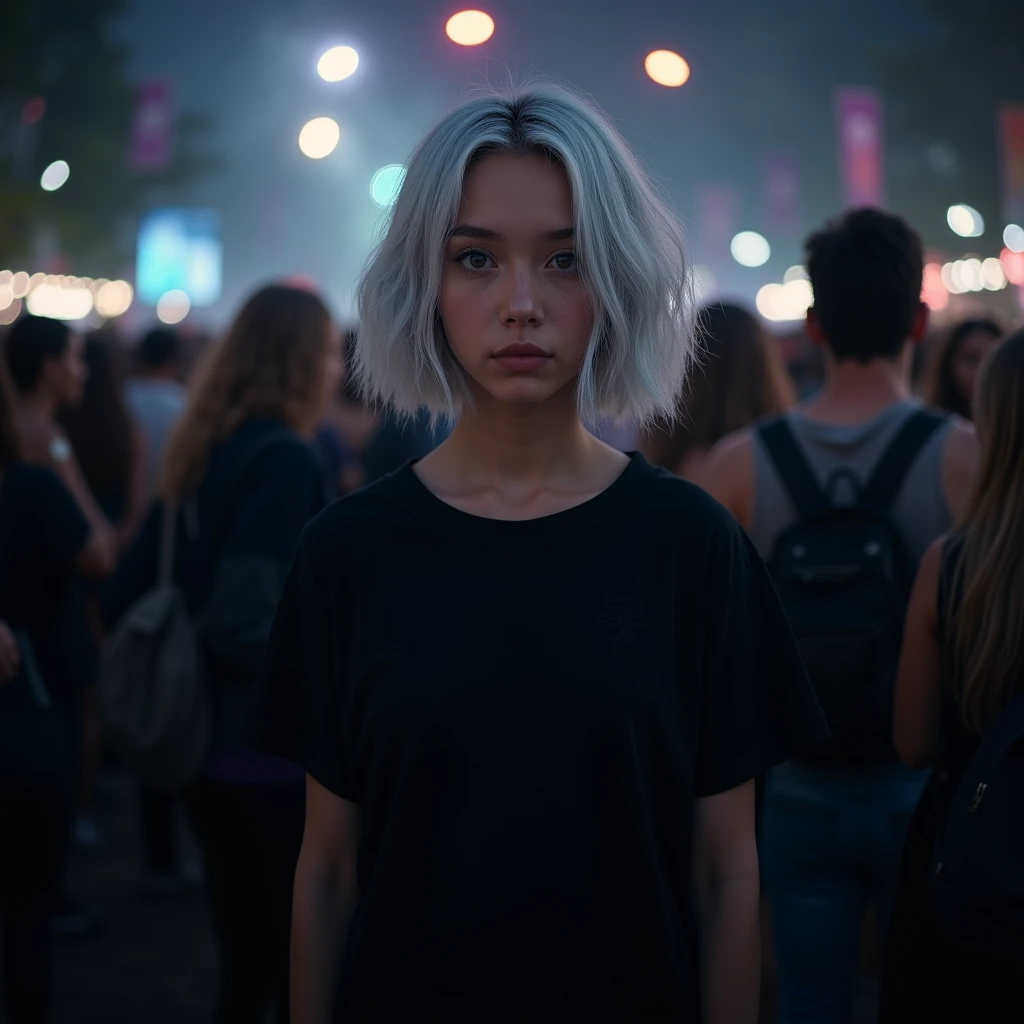 Beautiful girl in full growth, with white skin, light gray hair, Professional full length photography, realistic, against the backdrop of a crowd on , dark atmosphere, Light music, Light show, dressed in a voluminous black wide T-shirt, standing straight, Looks straight