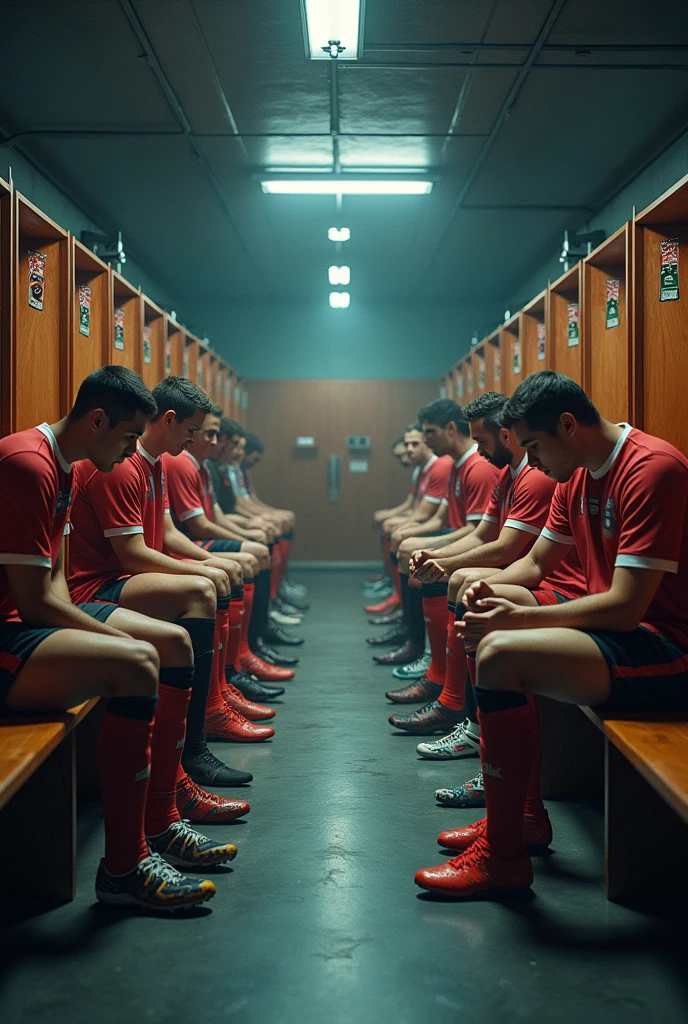 Create an image of two different soccer teams concentrated in separate locker rooms