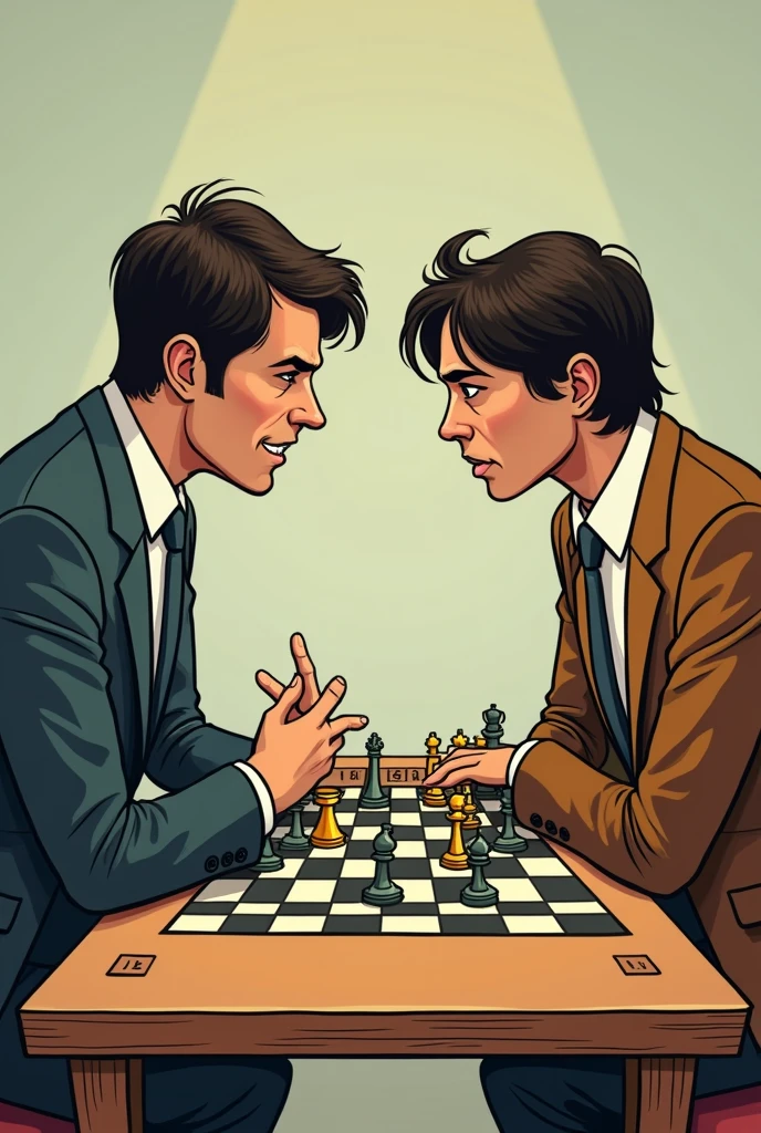 make a cartoon, put two people in suits playing chess, *instead of chess pieces there will be poor people* within some squares it will say “Labor Law” “Labor Assistance”$ 160,00” the sentences must be in Portuguese 